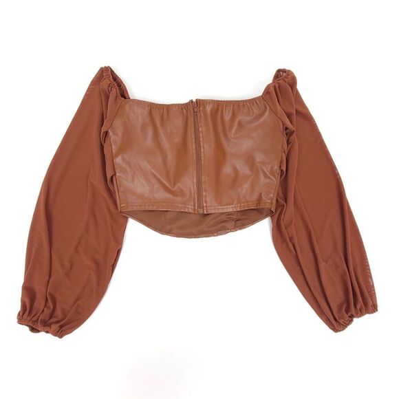 WINDSOR Edgy Luxe Off The Shoulder Corset Top Womens Small Brown Mesh Leather - Picture 4 of 8